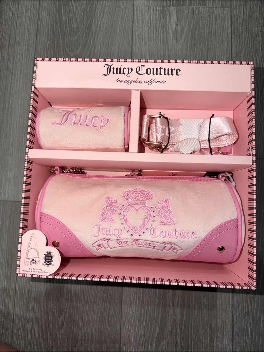 Juicy Couture Two-Tone Light Pink Barrel Shoulder Bag with Crest Embroidery